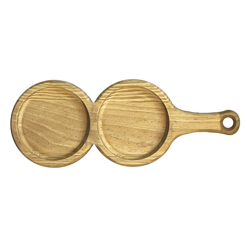 Wooden appetizer tray, model of two round houses, with handle